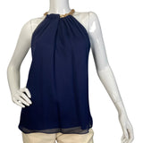 Silk Navy Blue Blouse with Golden Neck Chain