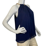 Silk Navy Blue Blouse with Golden Neck Chain