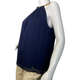Silk Navy Blue Blouse with Golden Neck Chain
