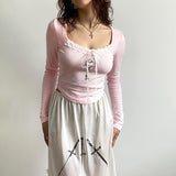 European &amp; American Spicy Girl Autumn New Solid Color Square Neck Long-Sleeve Slim-Fit Bow Short Top