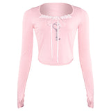 European &amp; American Spicy Girl Autumn New Solid Color Square Neck Long-Sleeve Slim-Fit Bow Short Top