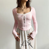 European &amp; American Spicy Girl Autumn New Solid Color Square Neck Long-Sleeve Slim-Fit Bow Short Top